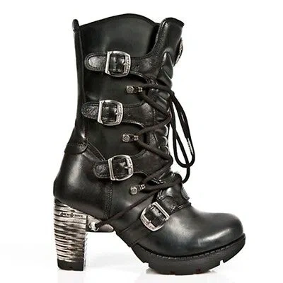 Pre-owned New Rock Newrock Rock Womens Boots Style M.tr003 S1 Black Steel Heels