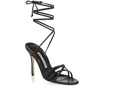 Pre-owned Manolo Blahnik Women Leva 105mm Lace-up Sandals For Women - Size 37.5 In Black