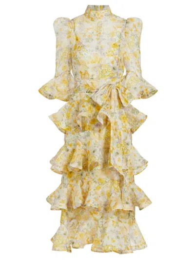Shop Zimmermann Women's Harmony Linen-silk Floral Tiered Midi-dress In Citrus Garden Print