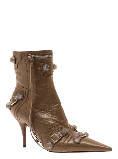 Shop Balenciaga 'cagole' Brown Pointed Bootie With Studs And Buckles In Leather Woman