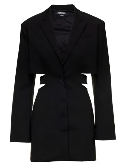 Shop Jacquemus 'le Robe Bari' Black Blazer Mini Dress With Cut-out Detail In Wool Woman