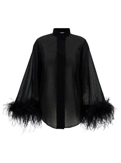 Shop Oseree 'lumière' Black Relaxed Shirt With Tonal Feathers In Polyamide Blend Woman