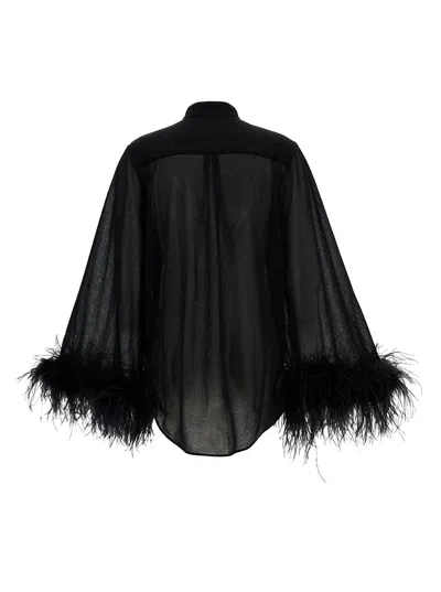 Shop Oseree 'lumière' Black Relaxed Shirt With Tonal Feathers In Polyamide Blend Woman