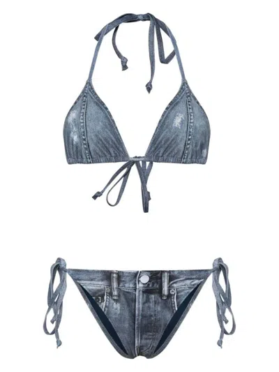 Shop Acne Studios Denim Print Bikini Set In Clear Blue