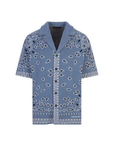 Shop Alanui Denim Cotton Piquet Bowling Bandana Shirt In Blue