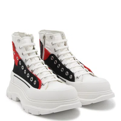 Shop Alexander Mcqueen White Black And Red Canvas Tread Slick Lace Up Fastening Boots In Blk/l.r/wh/of.w/b./s