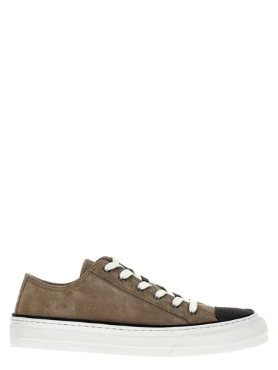Shop Brunello Cucinelli Beige Low Top Sneakers With Monile Embellishment In Suede Woman