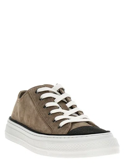 Shop Brunello Cucinelli Beige Low Top Sneakers With Monile Embellishment In Suede Woman