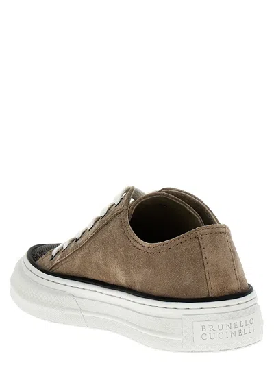 Shop Brunello Cucinelli Beige Low Top Sneakers With Monile Embellishment In Suede Woman