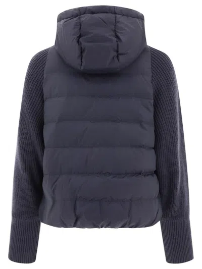 Shop Brunello Cucinelli Down Jacket With Monili, Knitted Hood And Sleeves In Blue