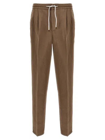 Shop Brunello Cucinelli Linen And Cotton Blend Leisure Trousers In Beige