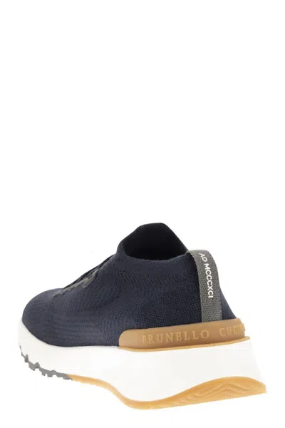 Shop Brunello Cucinelli Runners In Cotton Knit And Semi-glossy Calf Leather In Blue