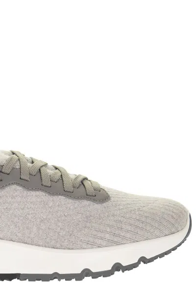 Shop Brunello Cucinelli Runners In Cotton Knit And Semi-glossy Calf Leather In Light Grey