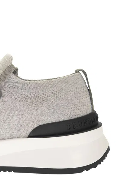 Shop Brunello Cucinelli Runners In Cotton Knit And Semi-glossy Calf Leather In Light Grey