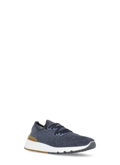 Shop Brunello Cucinelli Cotton Chiné Knit Sneakers In Blue