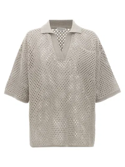 Shop Brunello Cucinelli Wide Mesh Polo Shirt In Gray