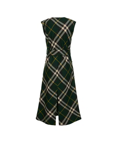 Shop Burberry Check Motif Wool Midi Dress In Green