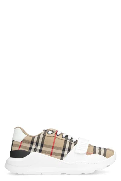 Shop Burberry Leather And Fabric Low-top Sneakers In Beige