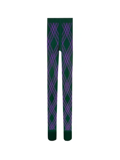 Shop Burberry Black And Violet Thights With Argyle Motif In Wool Blend Woman
