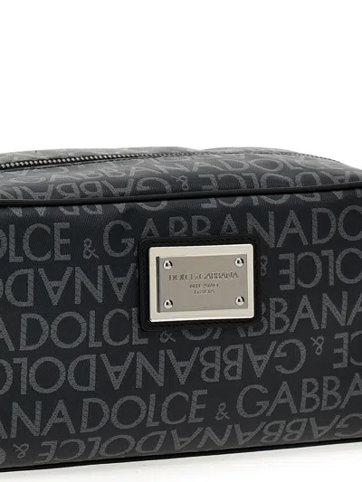 Shop Dolce & Gabbana Necessaire In Logoed Fabric In Black / Grey