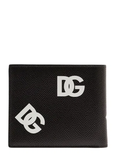 Shop Dolce & Gabbana Black Bi-fold Wallet With All-over Dg Logo Print In Grainy Leather Man