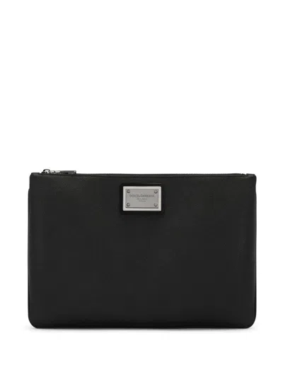 Shop Dolce & Gabbana Logo Detail Flat Leather Pouch In Black
