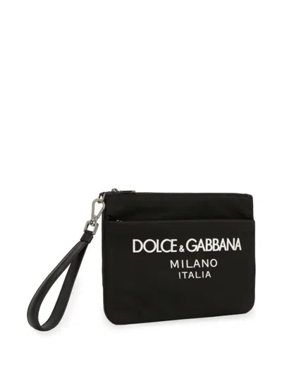 Shop Dolce & Gabbana Black Pouch With Contrasting Rubberized Logo In Nylon Man