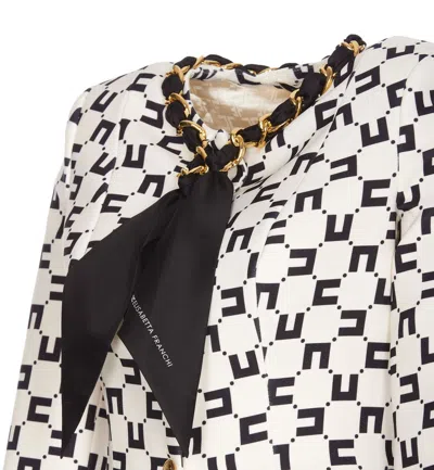 Shop Elisabetta Franchi Logo Print Crepe Jacket With Foulard Chain In Butter/black