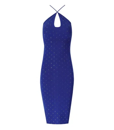 Shop Elisabetta Franchi Indigo Blue Knitted Midi Dress With Rhinestones