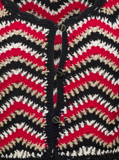 Shop Ganni Red Crochet Cardigan In Organic Cotton Woman