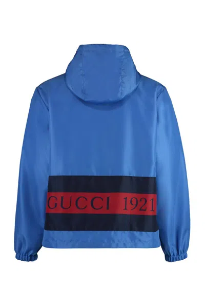 Shop Gucci Hooded Nylon Jacket In Blue