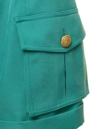 Shop Balmain Light Blue Shorts With Cuff And Jewel Buttons In Wool Woman In Green