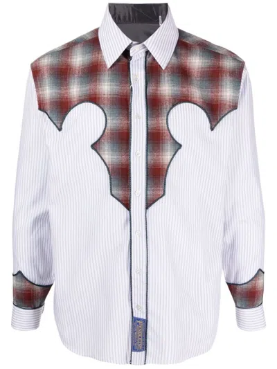 Shop Maison Margiela Grey And Brown Cotton Check Stripe Shirt In Grey/brown