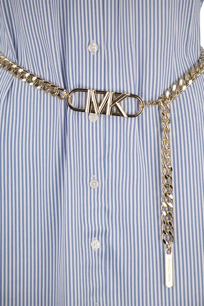 Shop Michael Kors Striped Viscose Chemisier Dress With Belt In Blue