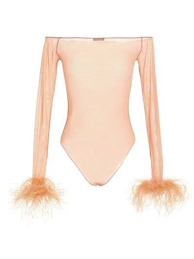 Shop Oseree Oséree Feather Transparent Mesh Bodysuit In Pink