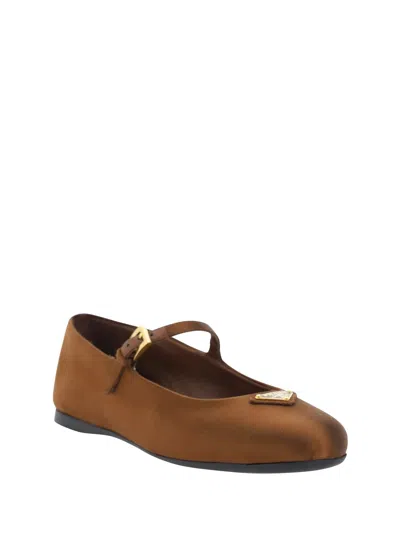 Shop Prada Fabric Ballet Flats With Logo In Brown