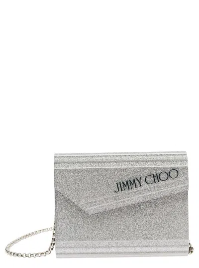 Shop Jimmy Choo Silver Compact Clutch Bag With Chain And Logo Detail In Glitter Acrylic Woman In Grey