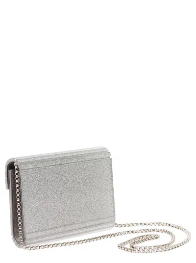 Shop Jimmy Choo Silver Compact Clutch Bag With Chain And Logo Detail In Glitter Acrylic Woman In Grey