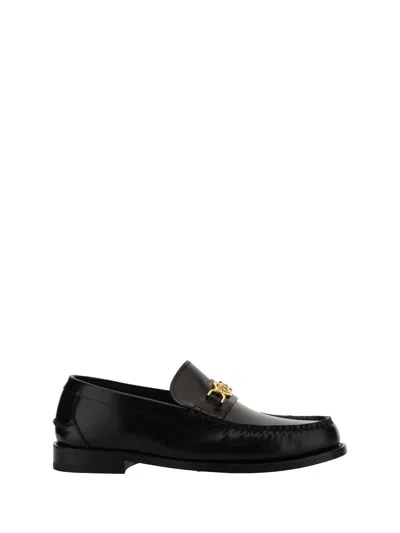 Shop Versace Black And Gold Leather Medusa Loafers In Nero/oro