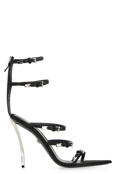 Shop Versace Black Leather Pin-point Sandals In Nero Palladio