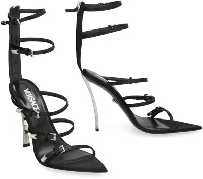 Shop Versace Black Leather Pin-point Sandals In Nero Palladio