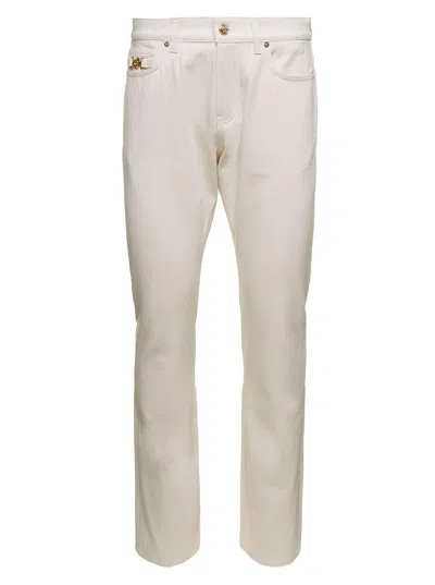 Shop Versace White Relaxed Jeans With Medusa Detail In Cotton Denim Man