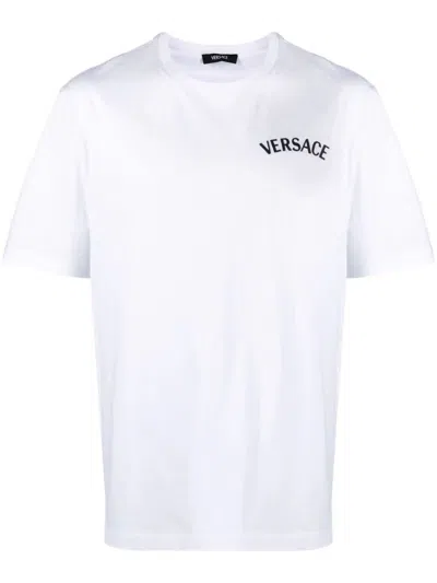 Shop Versace T-shirt Jersey Fabric Embroidery Milano Stamp Print Clothing In White