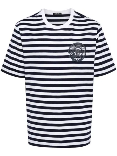 Shop Versace T-shirts And Polos In White+navy Blue