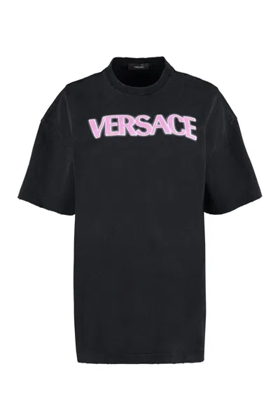Shop Versace Top In Black/fuchsia