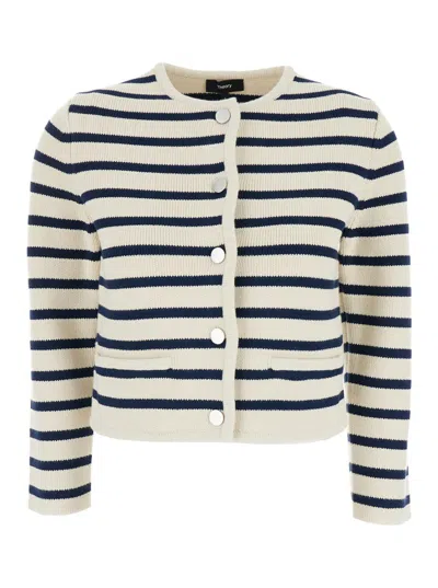 Shop Theory White Crewneck Sriped Cardigan In Cotton Woman In Multicolor