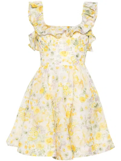 Shop Zimmermann Floral Print Linen And Silk Blend Mini Dress In Yellow