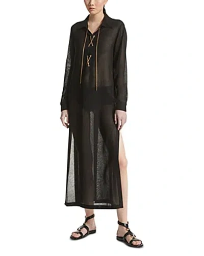 Shop Michael Kors Garza Crepe Sheer Linen Lace Up Midi Dress In Black