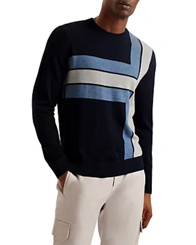 Shop Ted Baker Color Block Crewneck Sweater In Navy