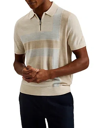 Shop Ted Baker Color Block Short Sleeve Zipper Polo Sweater In Taupe